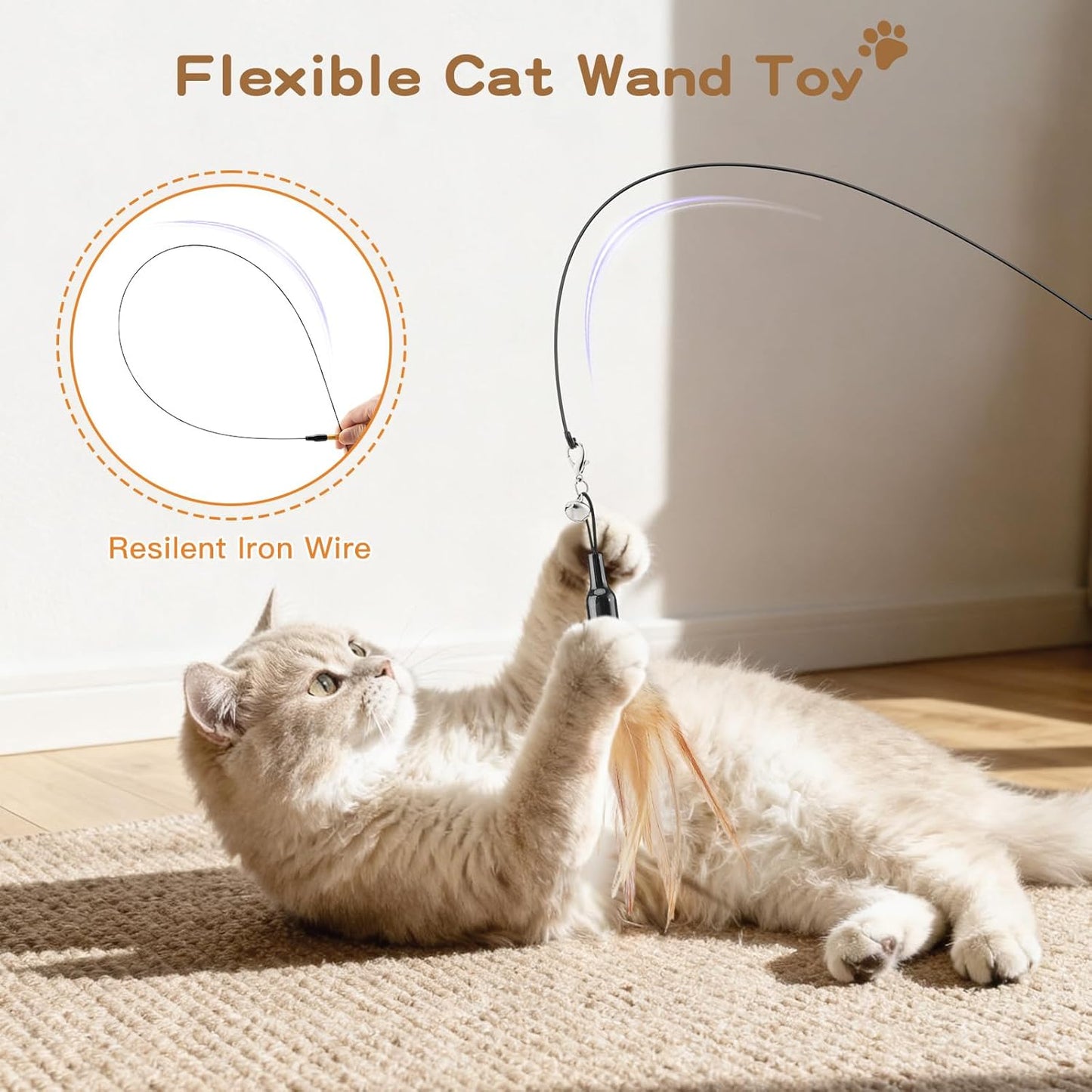 Cat Feather Wand Interactive Toy, 2 Feathers + 1 Wand with Bell