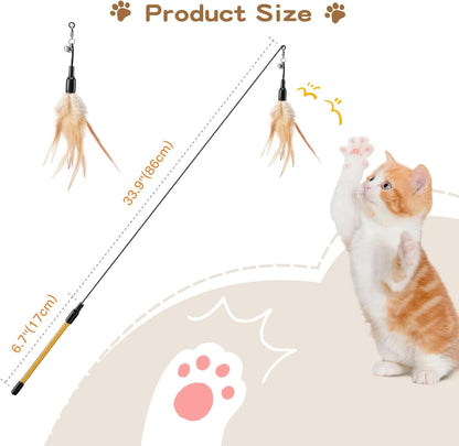 Cat Feather Wand Interactive Toy, 2 Feathers + 1 Wand with Bell