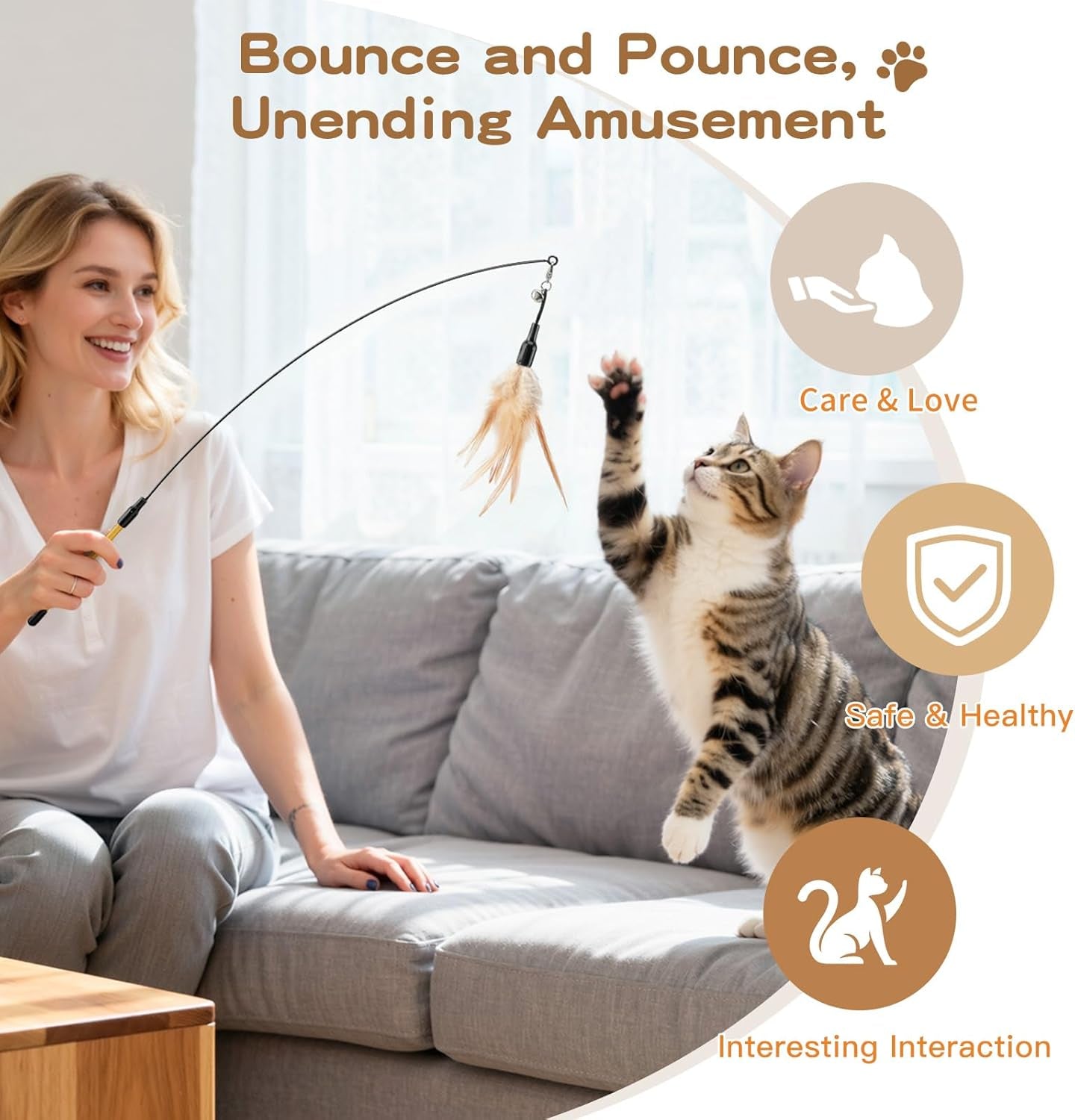 Cat Feather Wand Interactive Toy, 2 Feathers + 1 Wand with Bell